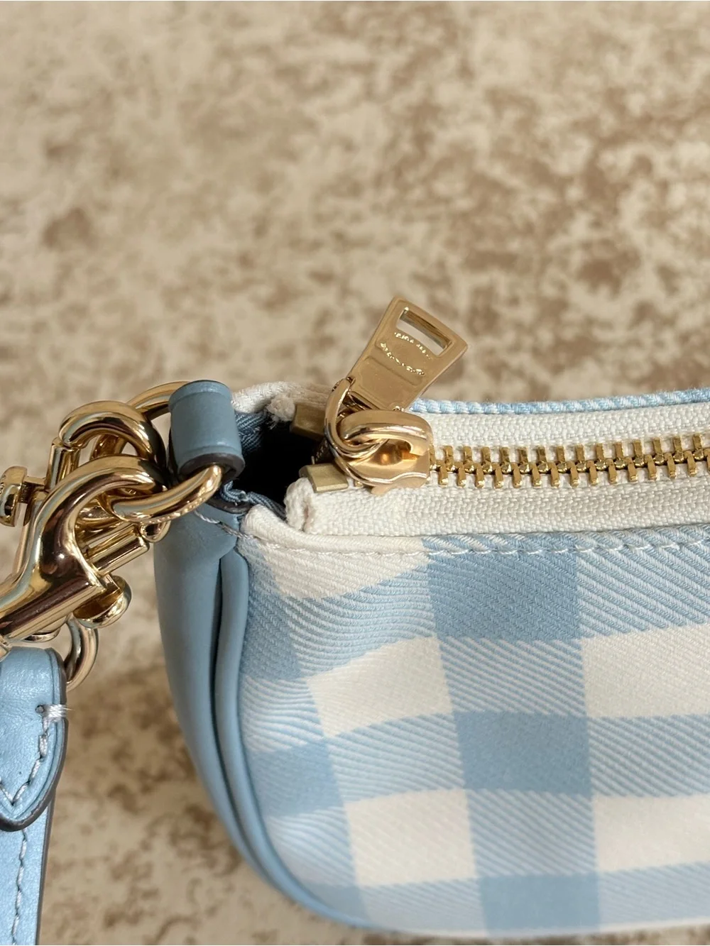 Coach Light Blue and White Gingham Mini Shoulder Bag with Cherry Charm